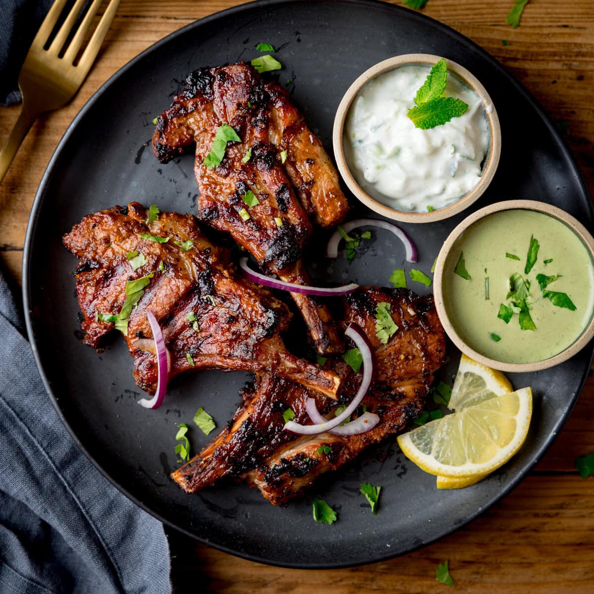 Tandoori lamb chops with mint chutney and fresh herbs